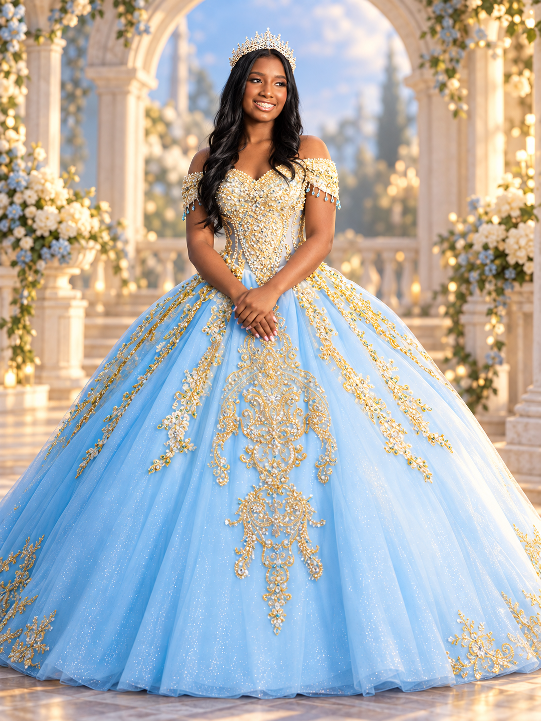 Retrato de Kourtney con estilo 3D, corona y vestido azul cielo con detalles dorados